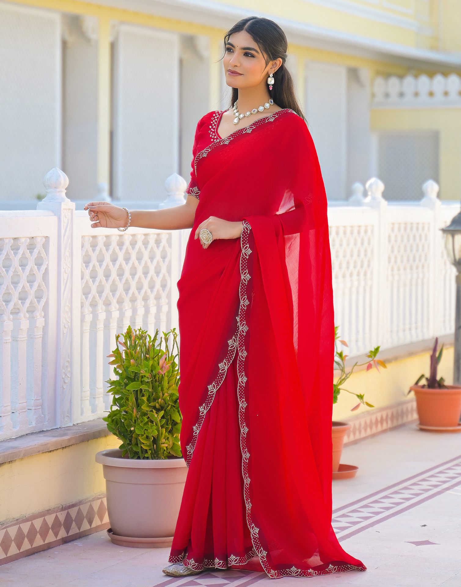 Red Satin Stone Work Embellished Saree