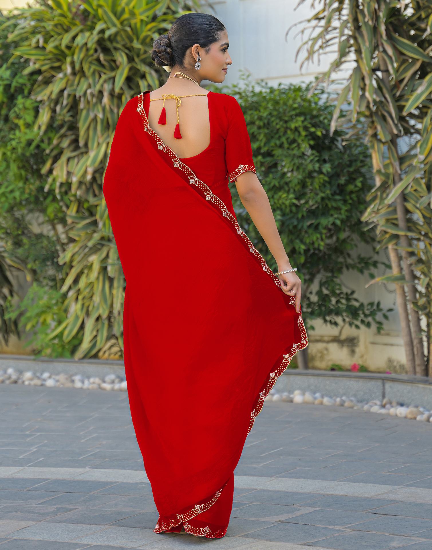 Red Satin Stone Work Embellished Saree
