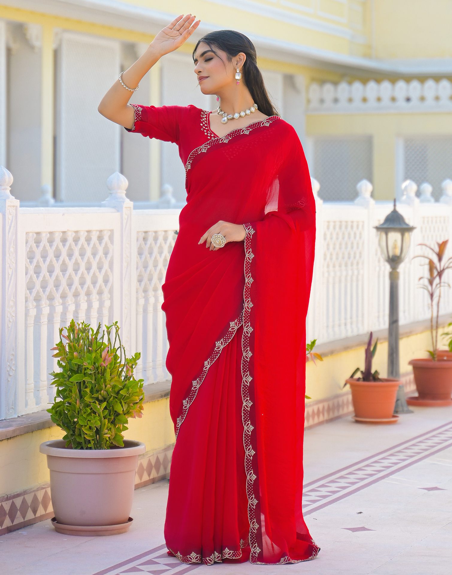 Red Satin Stone Work Embellished Saree
