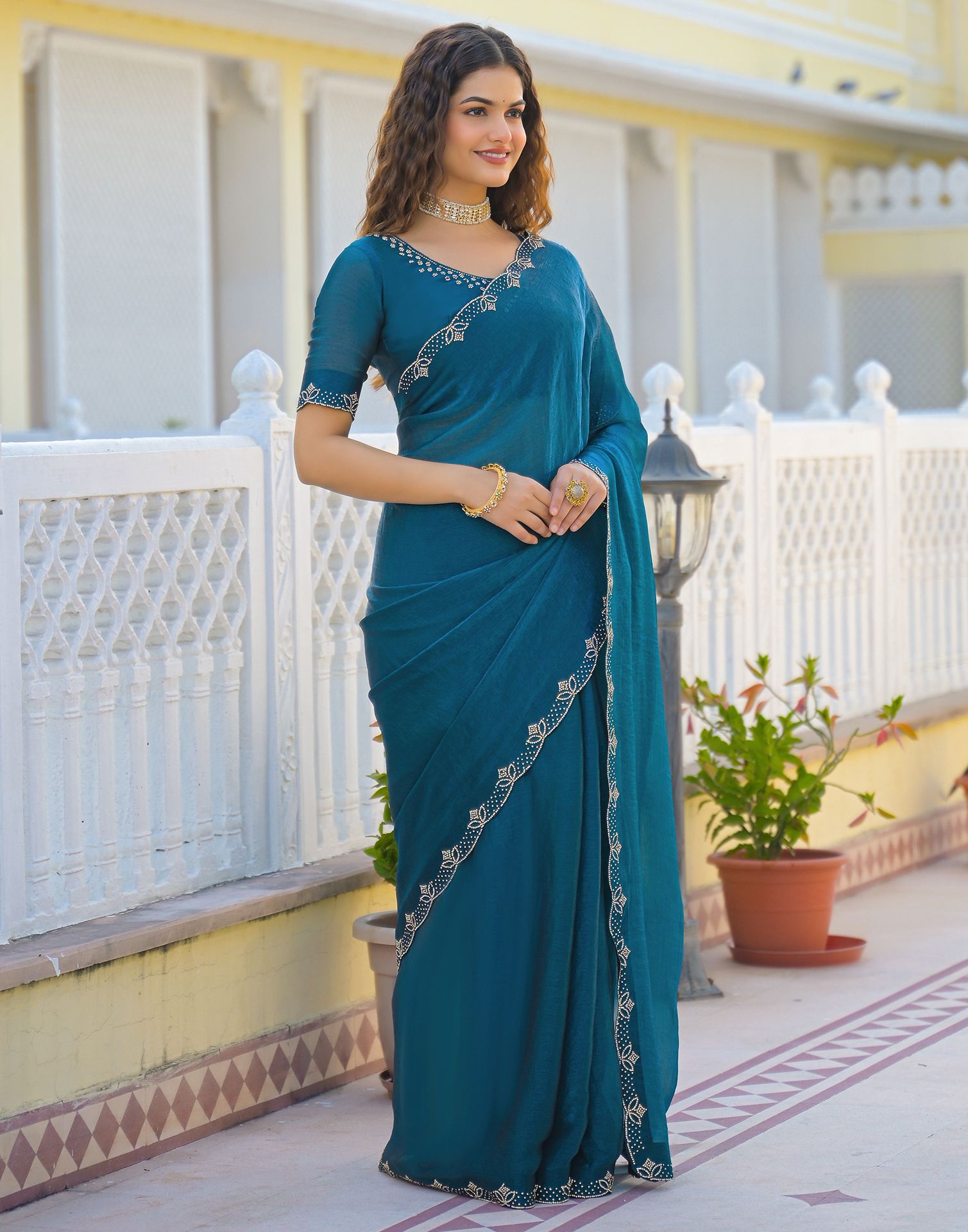 Peacock Blue Satin Stone Work Embellished Saree