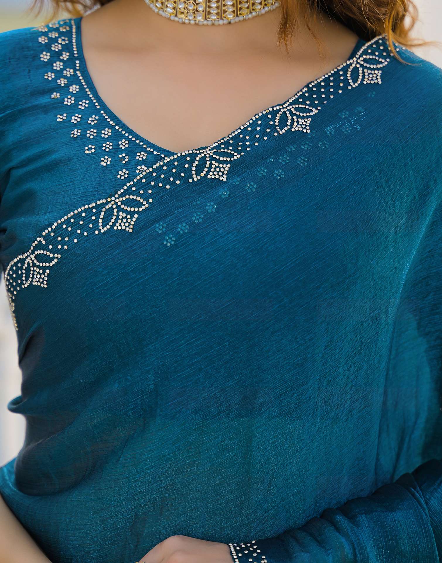 Peacock Blue Satin Stone Work Embellished Saree