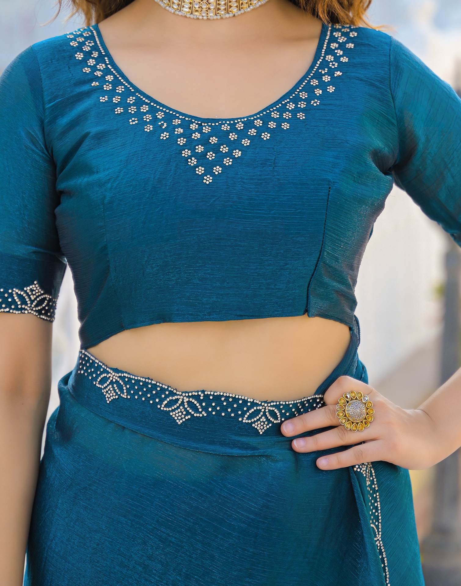 Peacock Blue Satin Stone Work Embellished Saree