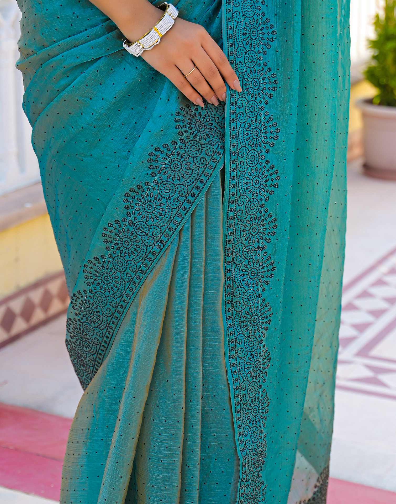 Teal Blue Shimmer Stone Work Swarovski Saree