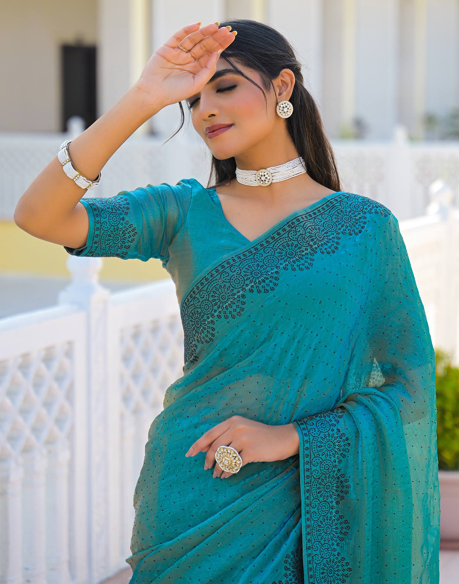 Teal Blue Shimmer Stone Work Swarovski Saree