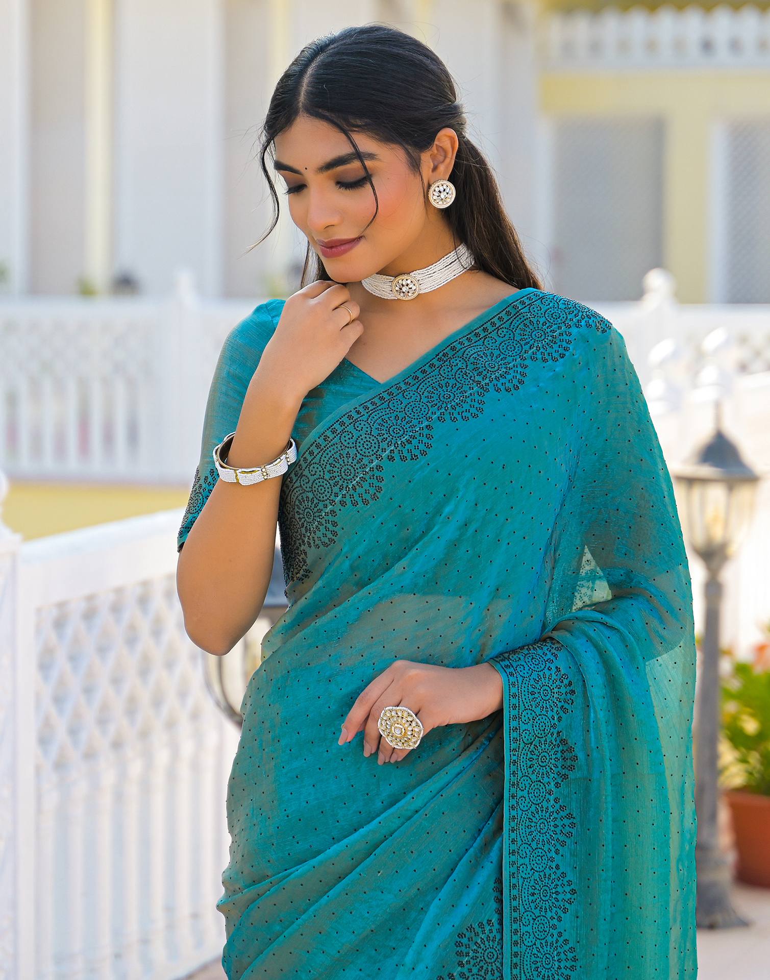 Teal Blue Shimmer Stone Work Swarovski Saree