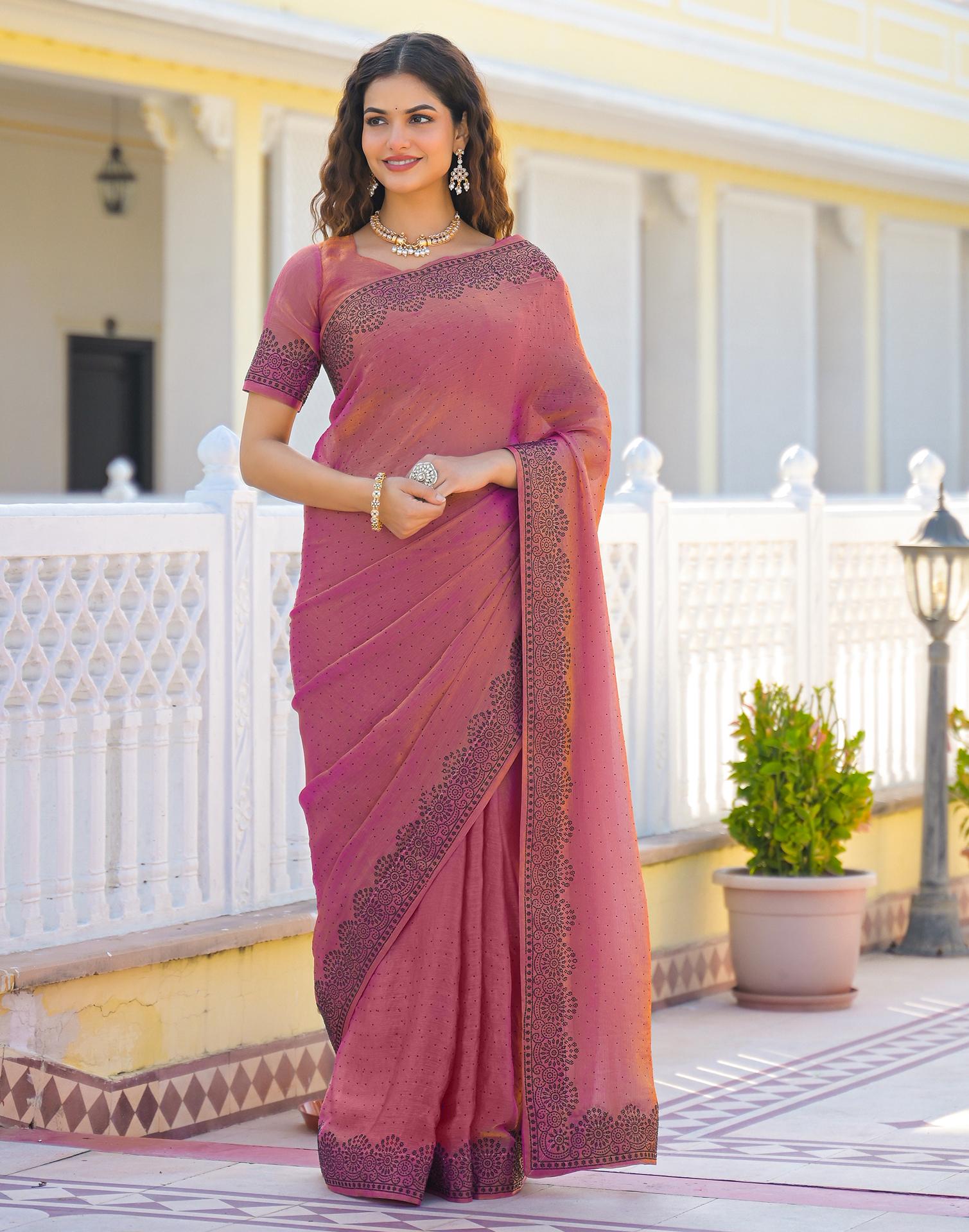 Pink Shimmer Stone Work Swarovski Saree