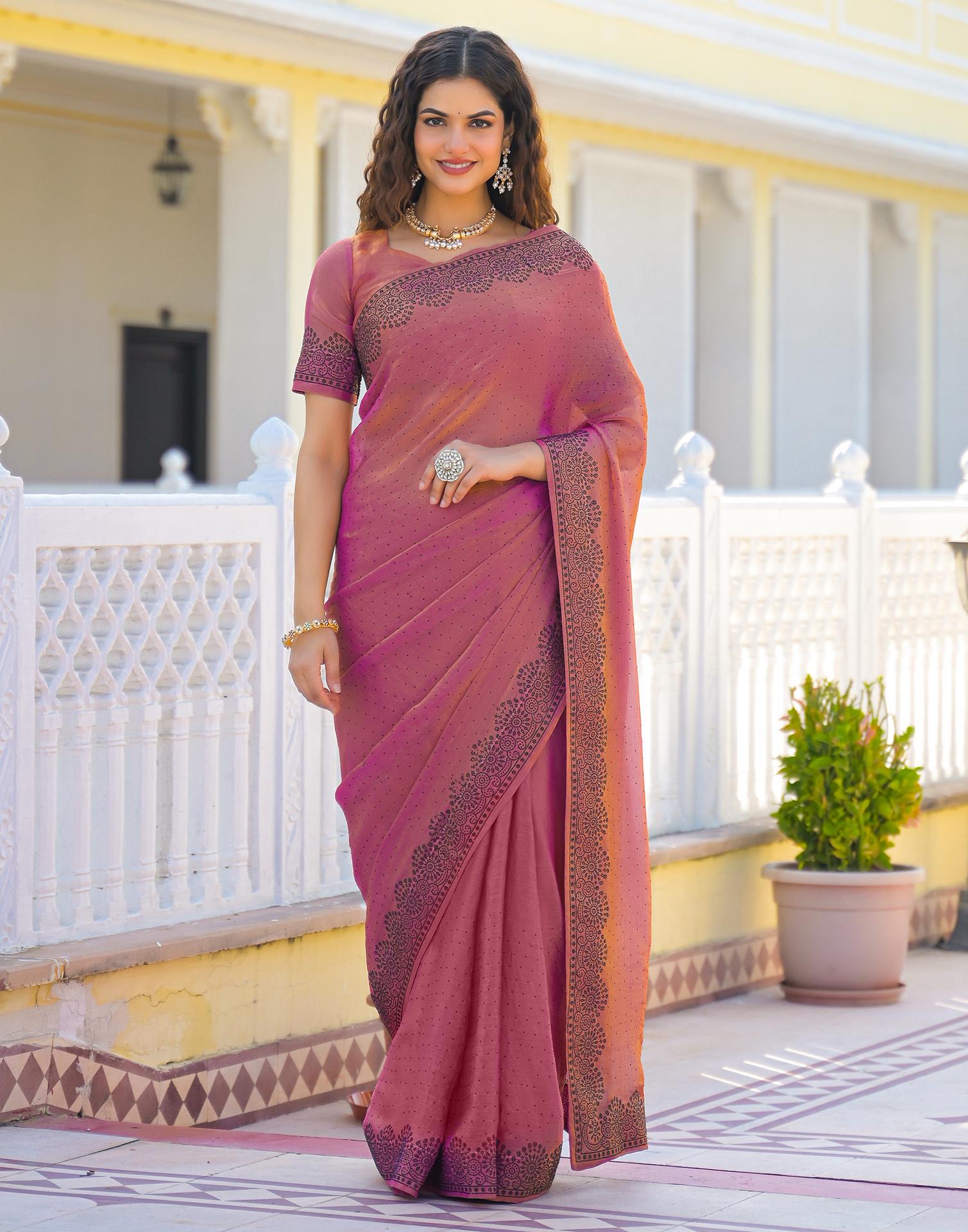 Pink Shimmer Stone Work Swarovski Saree