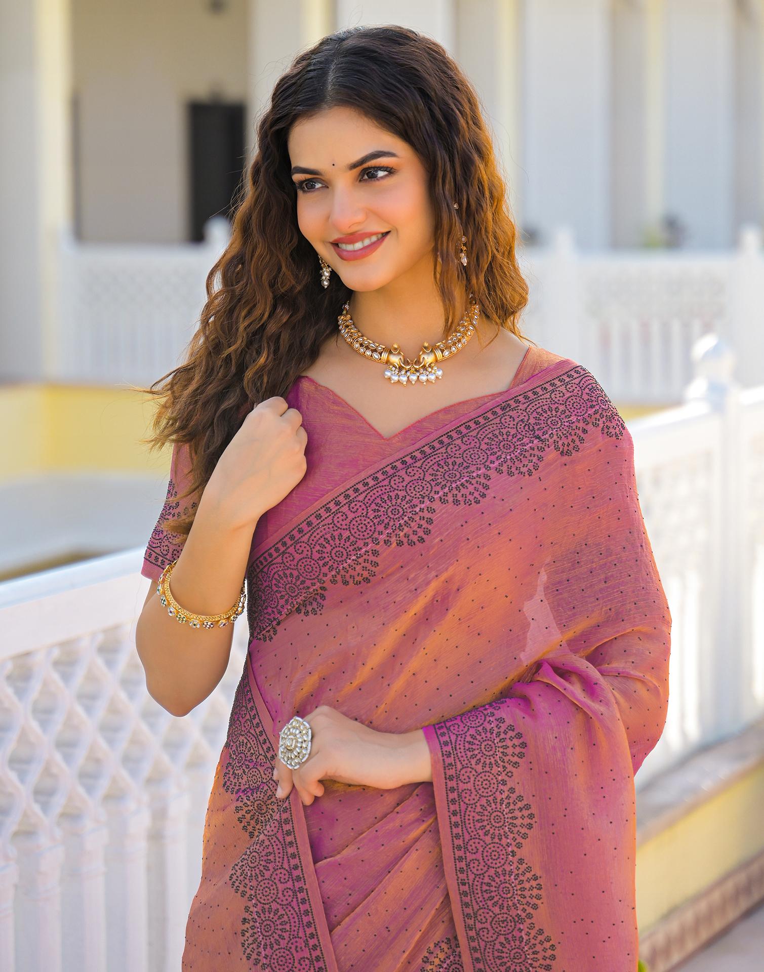 Pink Shimmer Stone Work Swarovski Saree