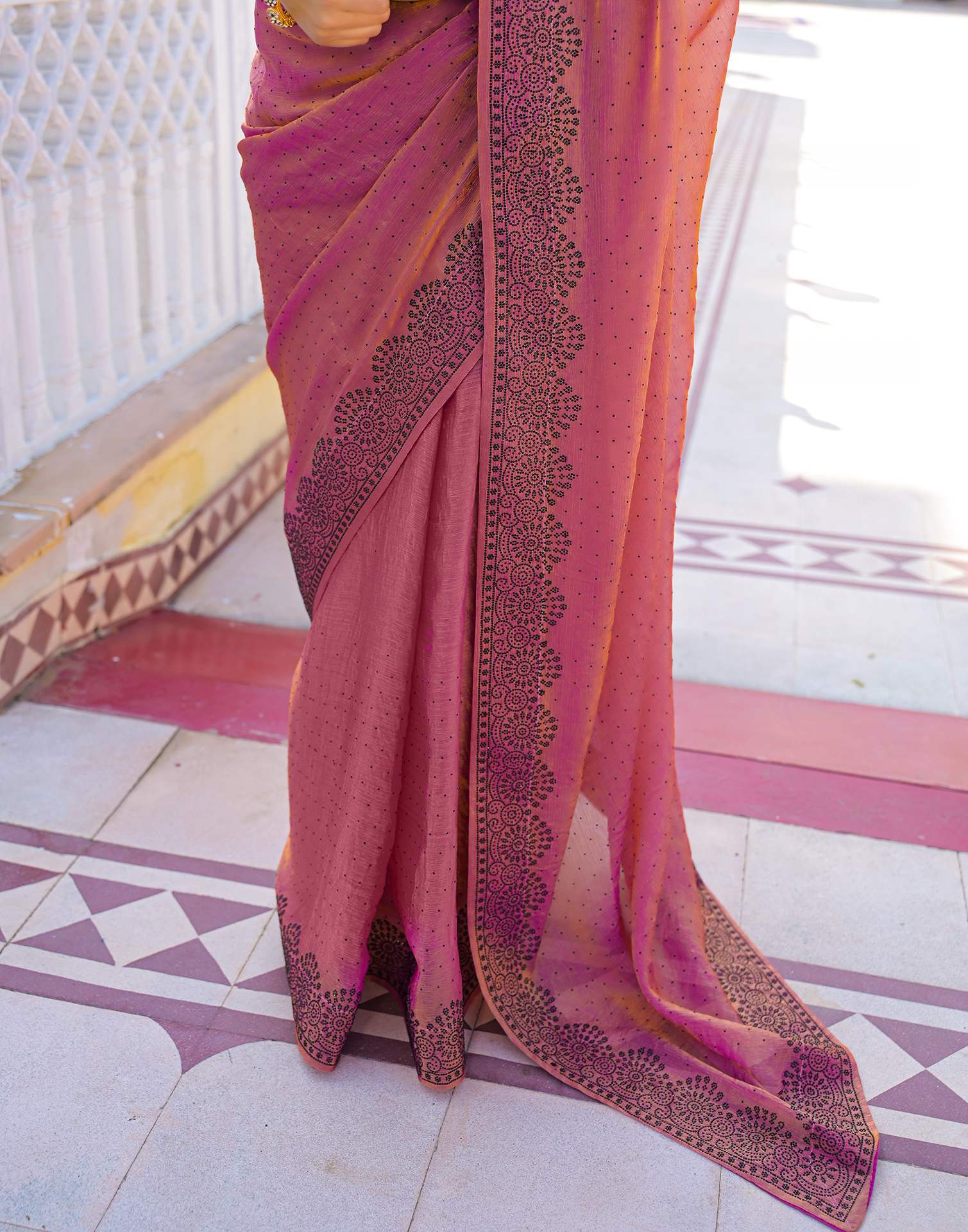 Pink Shimmer Stone Work Swarovski Saree