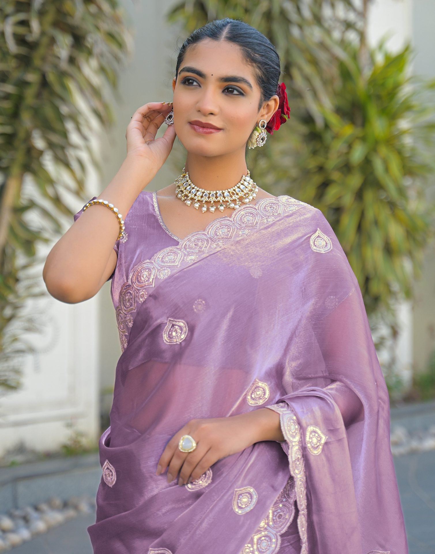 Lavender Shimmer Sequence Embroidery Saree