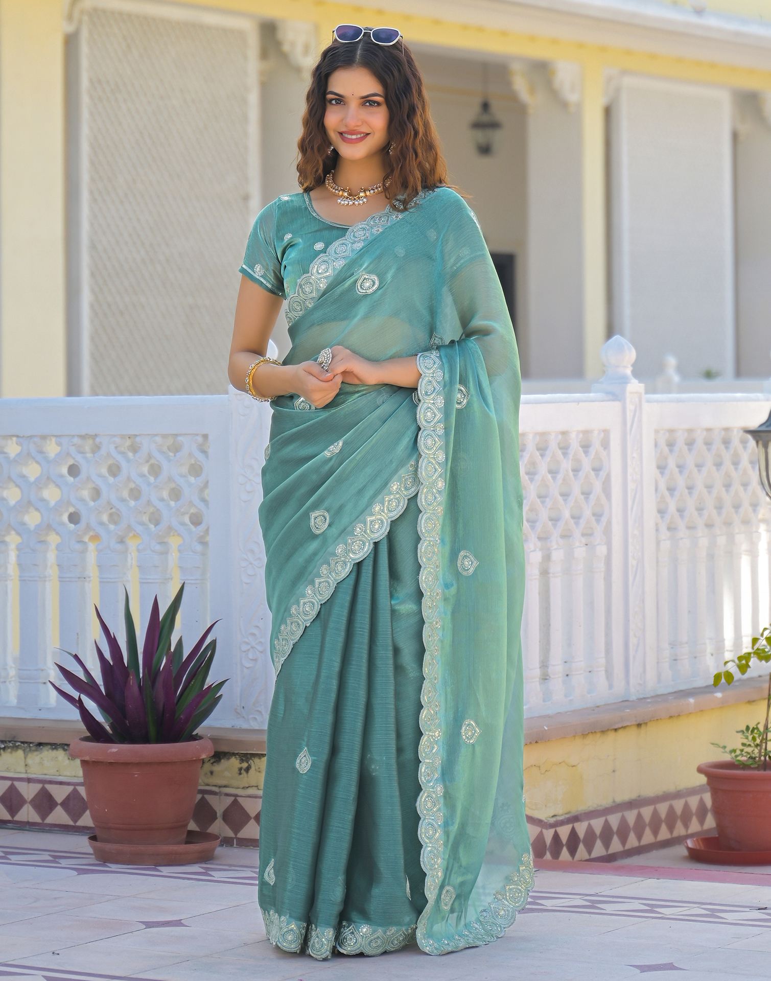 Light Teal Blue Shimmer Sequence Embroidery Saree