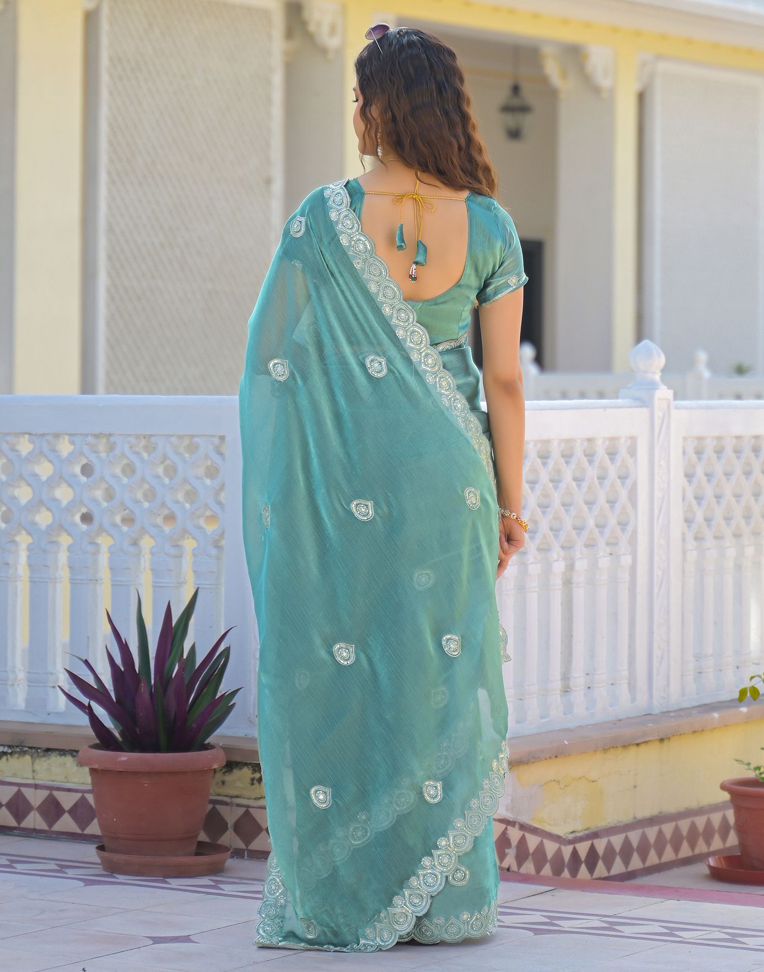 Light Teal Blue Shimmer Sequence Embroidery Saree
