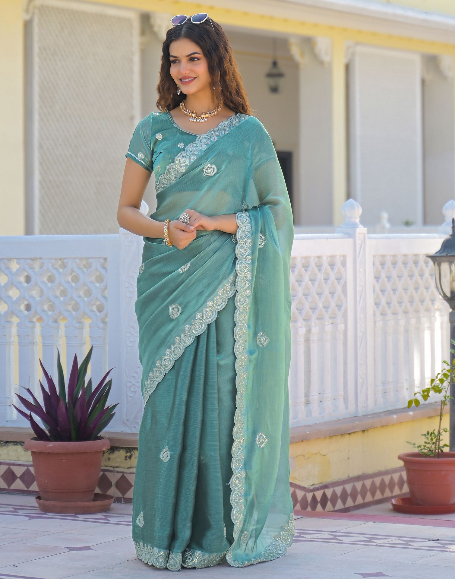 Light Teal Blue Shimmer Sequence Embroidery Saree