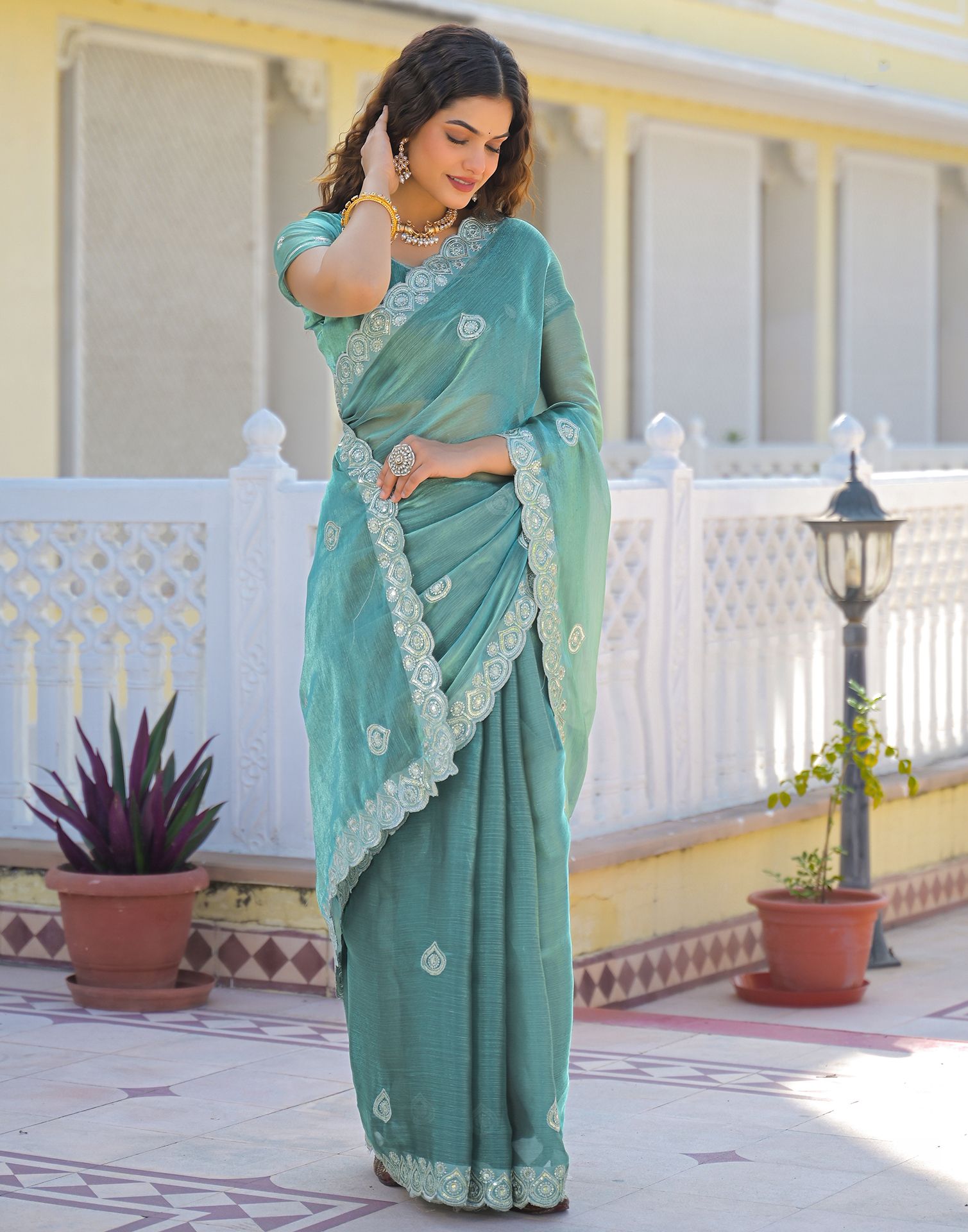 Light Teal Blue Shimmer Sequence Embroidery Saree