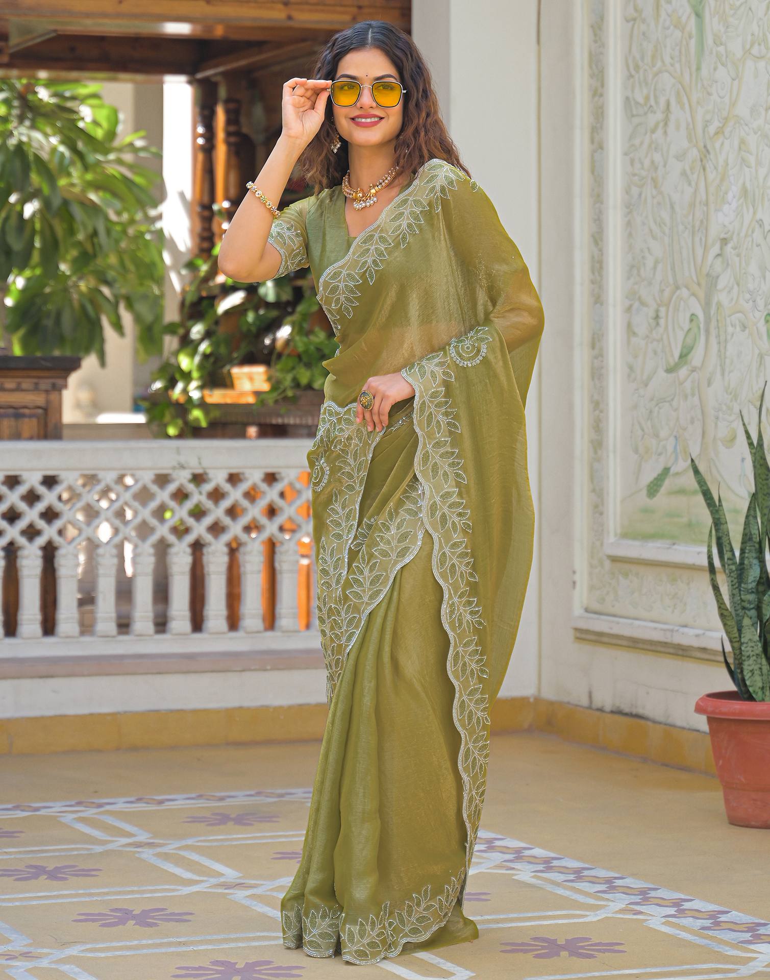 Lime Green Shimmer Stone Work Embellished Saree