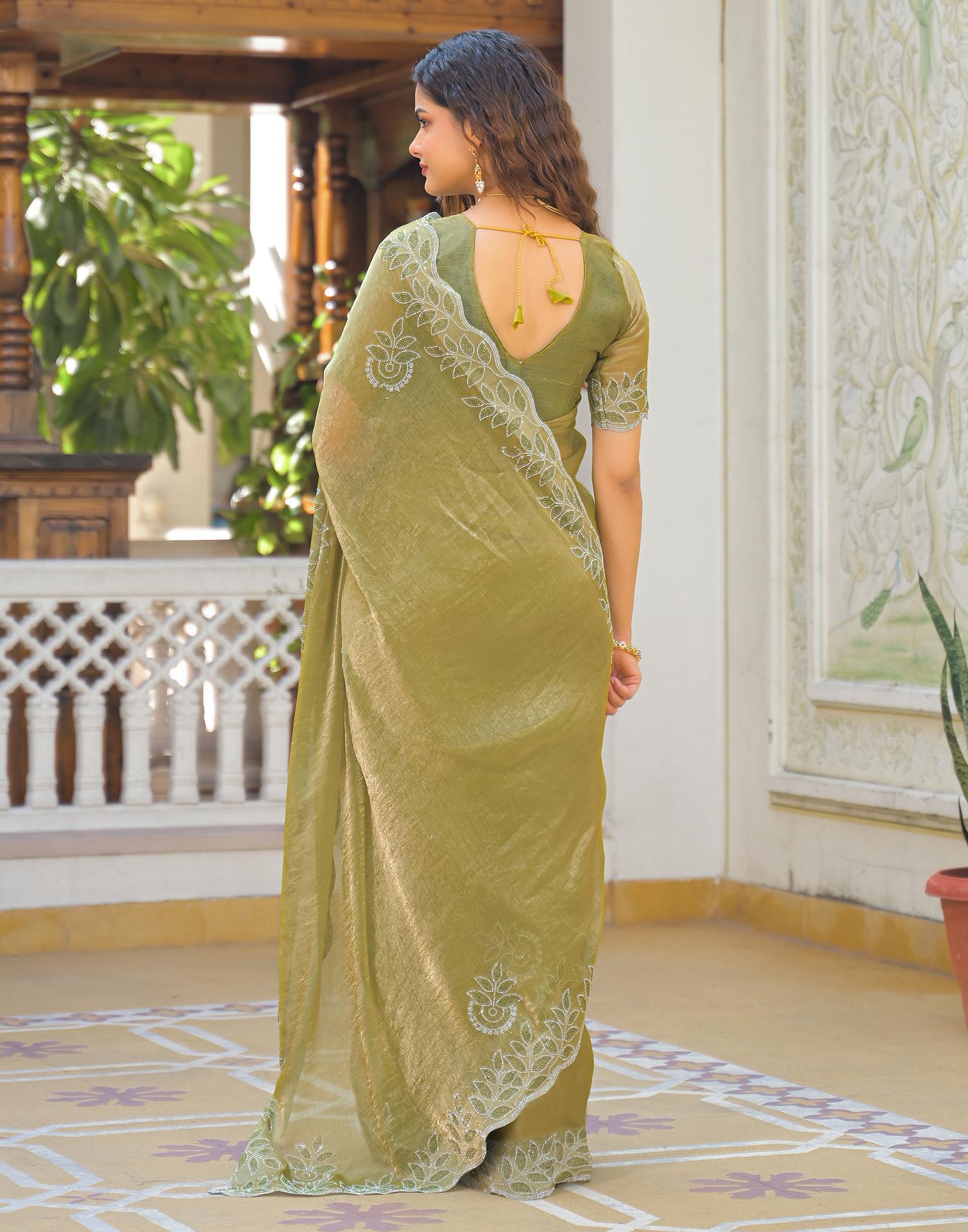 Lime Green Shimmer Stone Work Embellished Saree