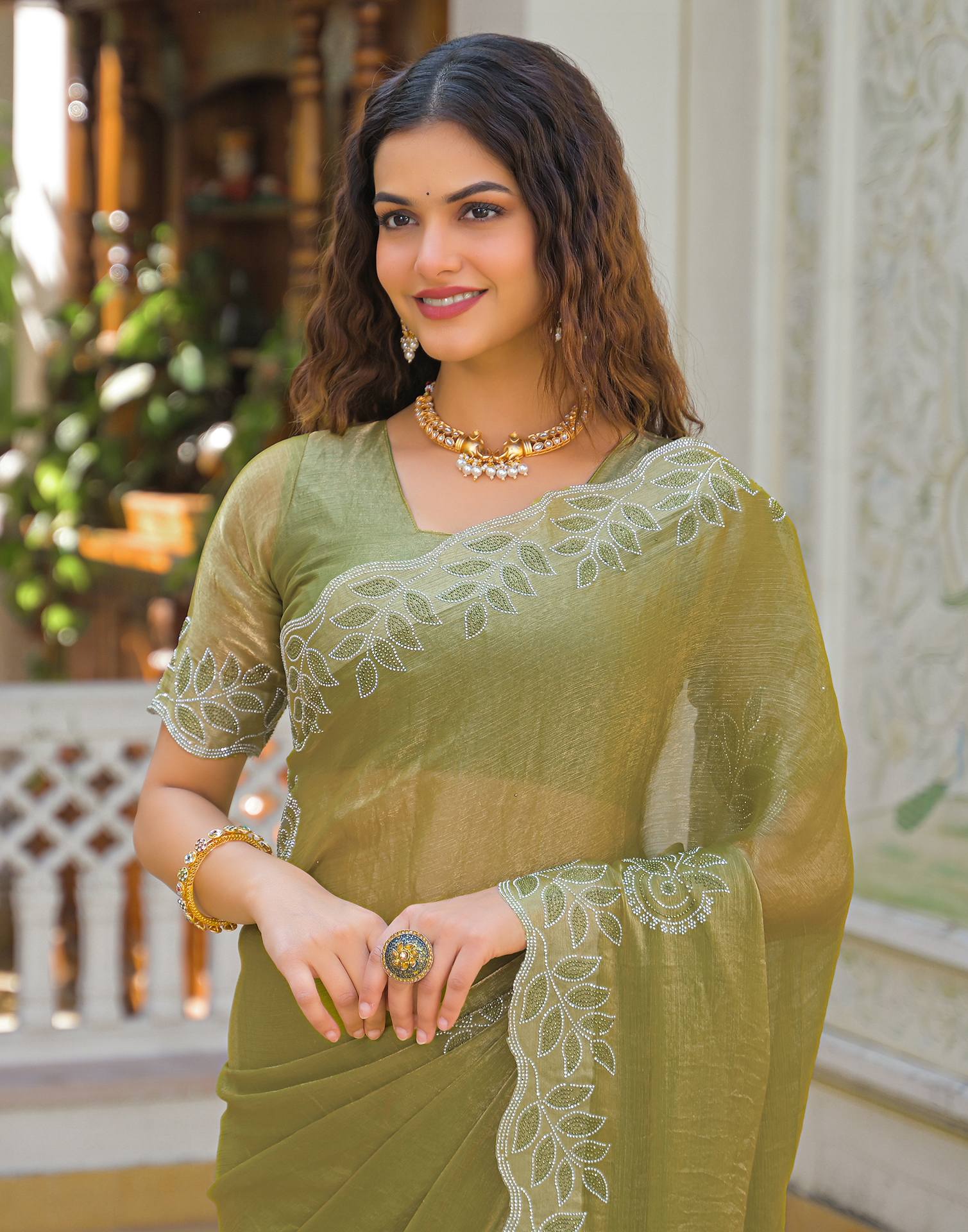 Lime Green Shimmer Stone Work Embellished Saree