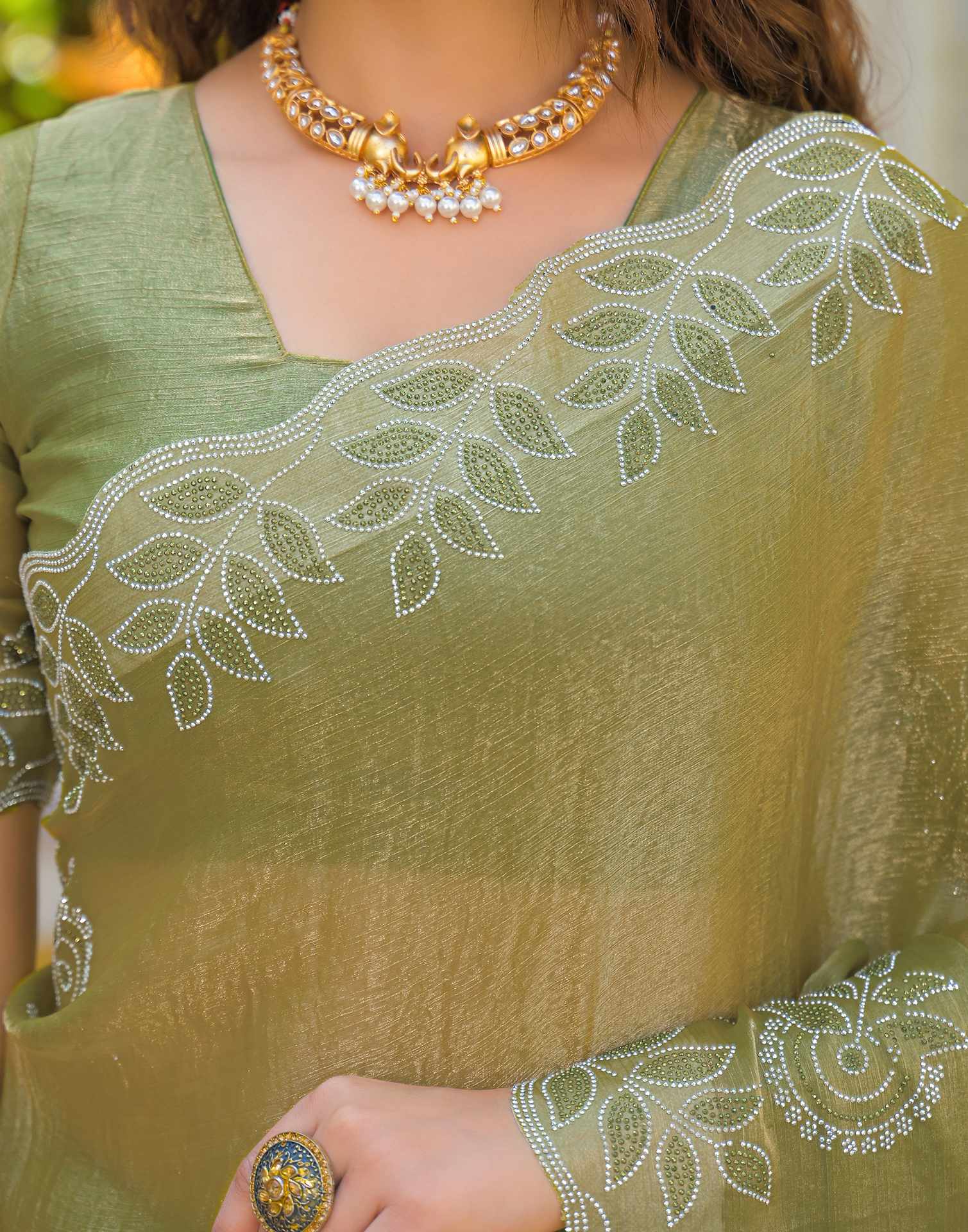 Lime Green Shimmer Stone Work Embellished Saree