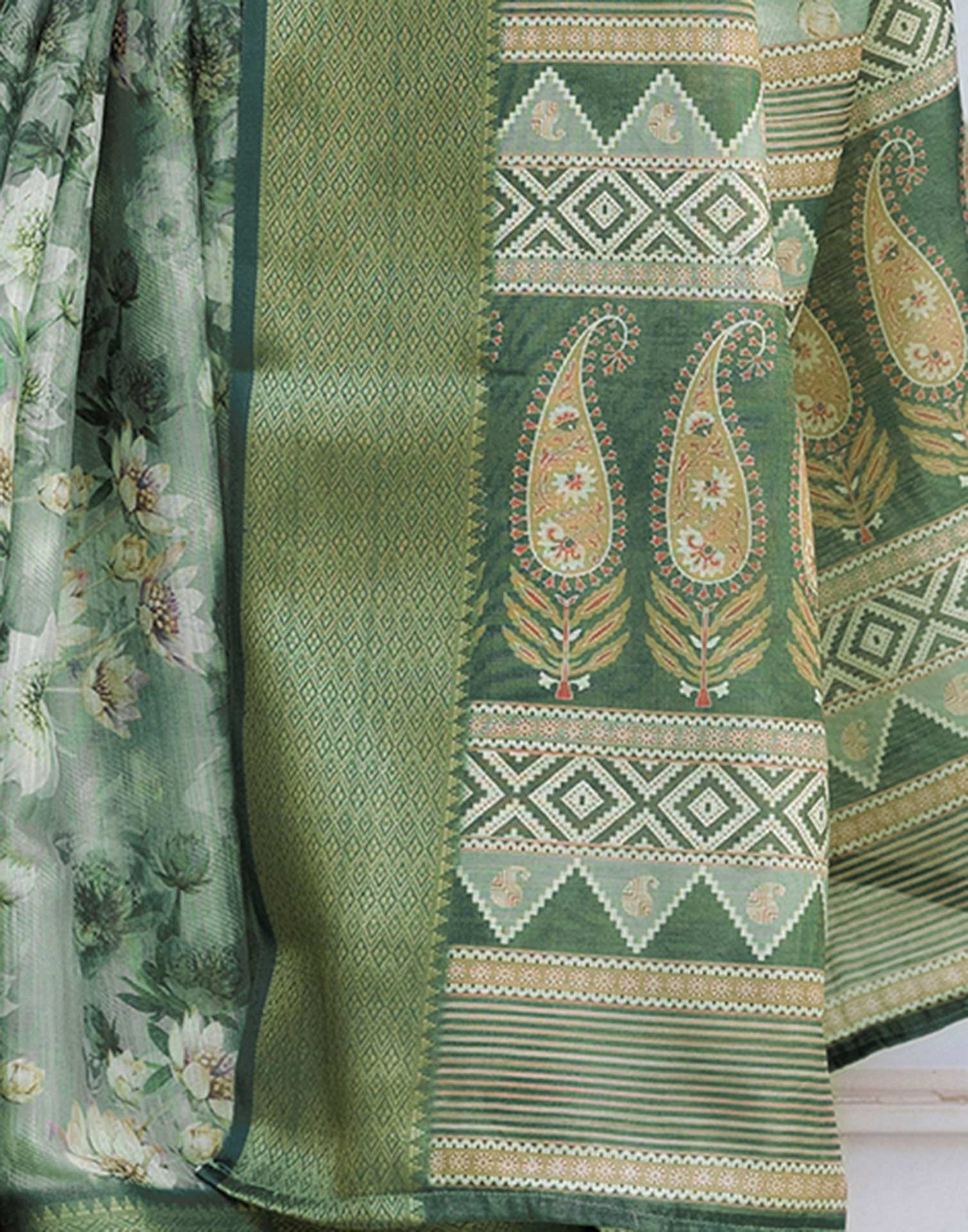 Dusty Green Cotton Silk Floral Printed Saree