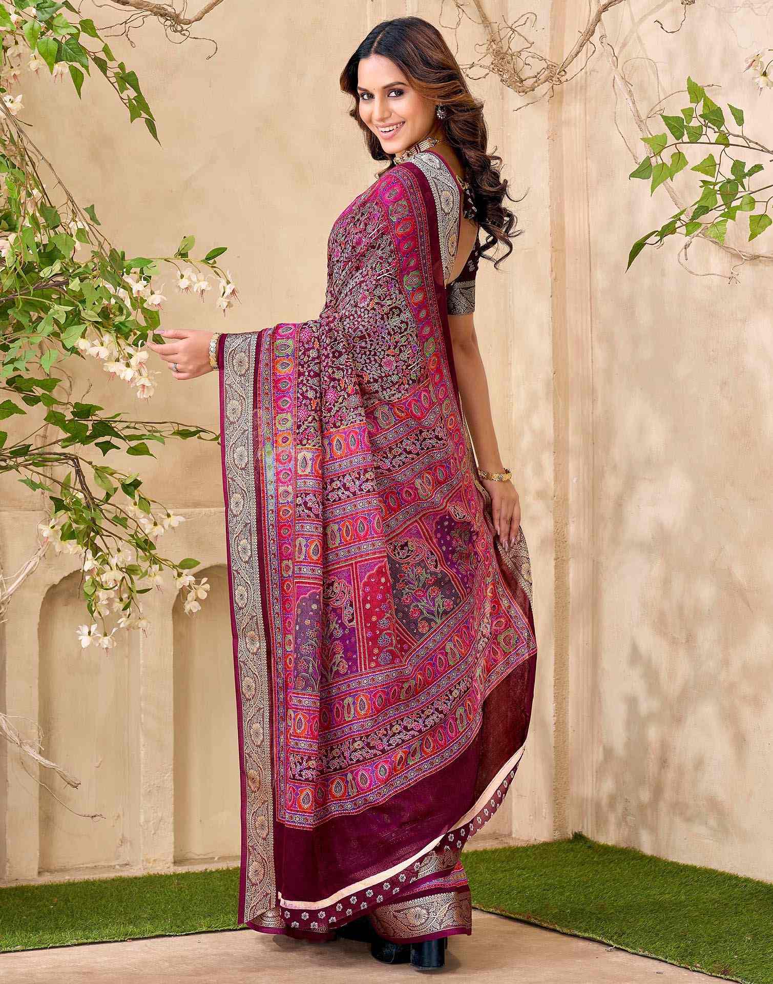 Wine Georgette Printed Saree