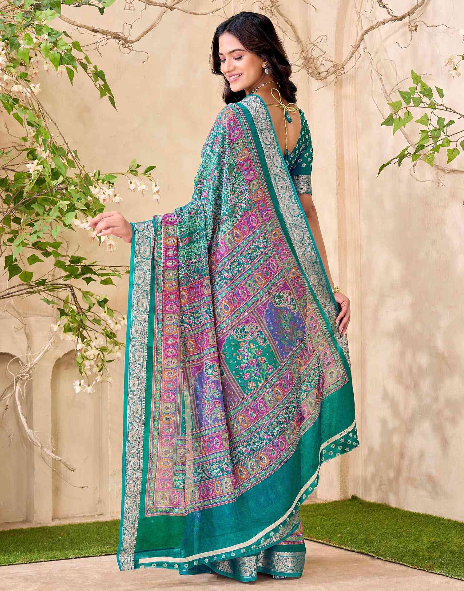 Teal Green Georgette Printed Saree