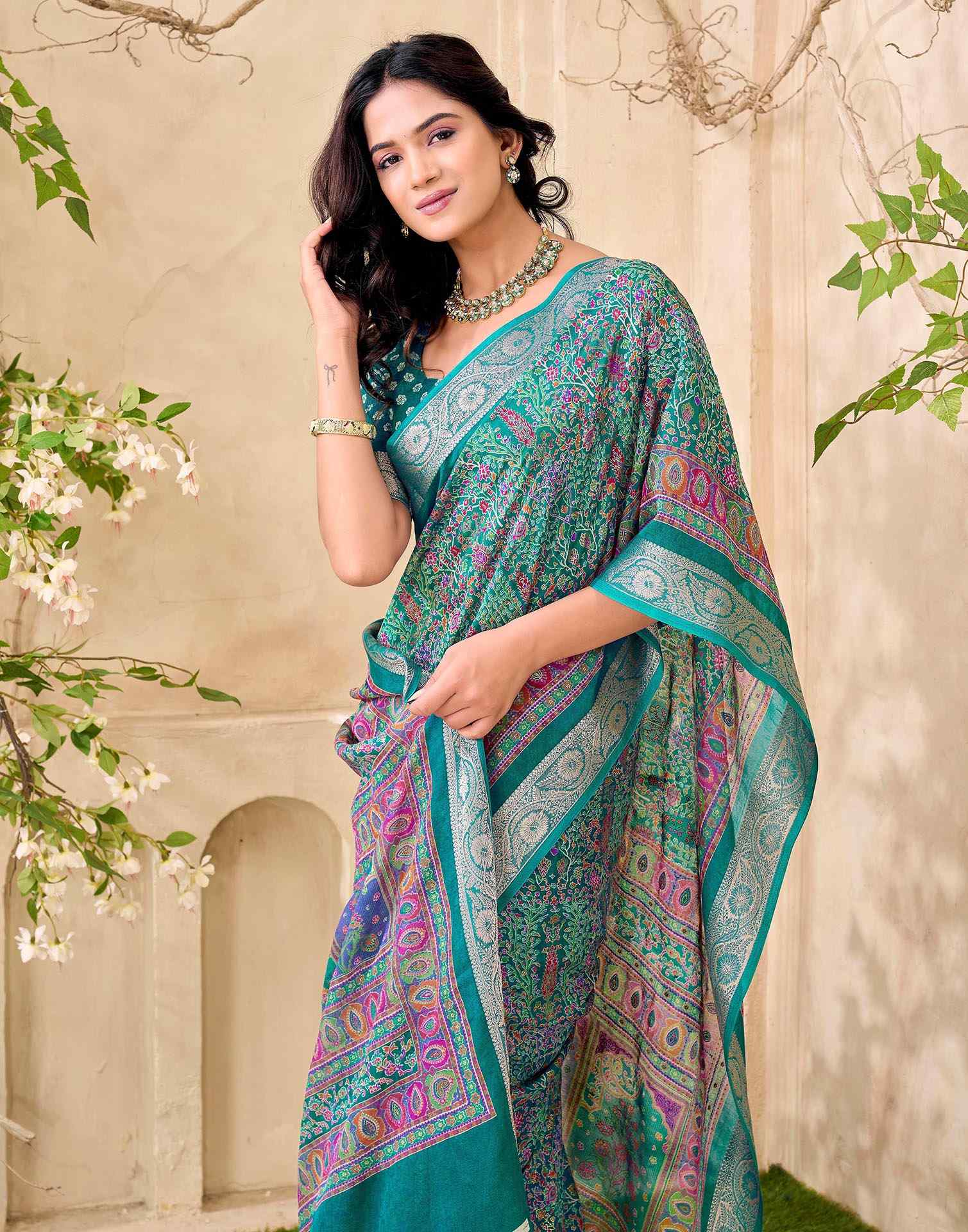 Teal Green Georgette Printed Saree