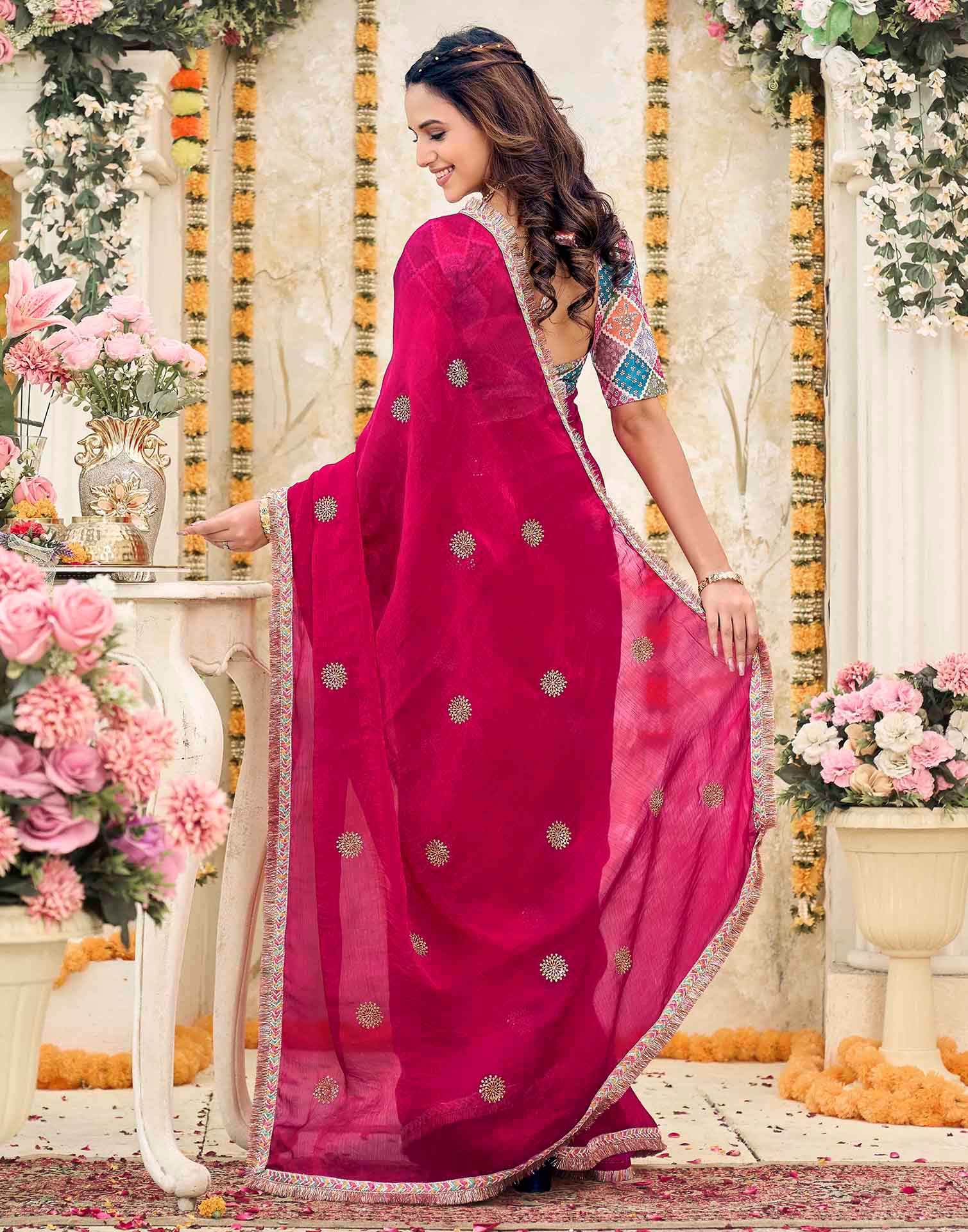 Rani Pink Shimmer Sequence Embroidery Saree