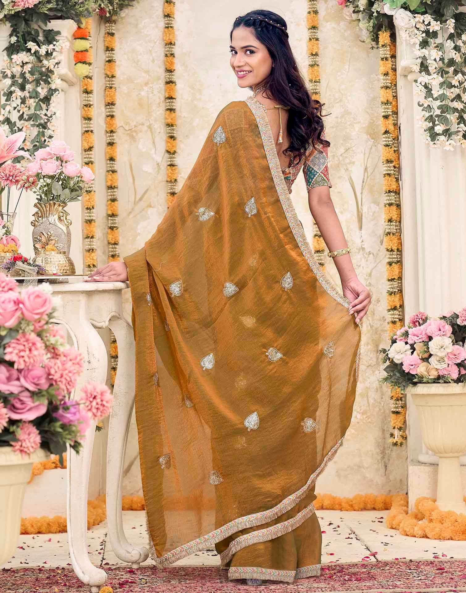 Khaki Shimmer Sequence Embroidery Saree