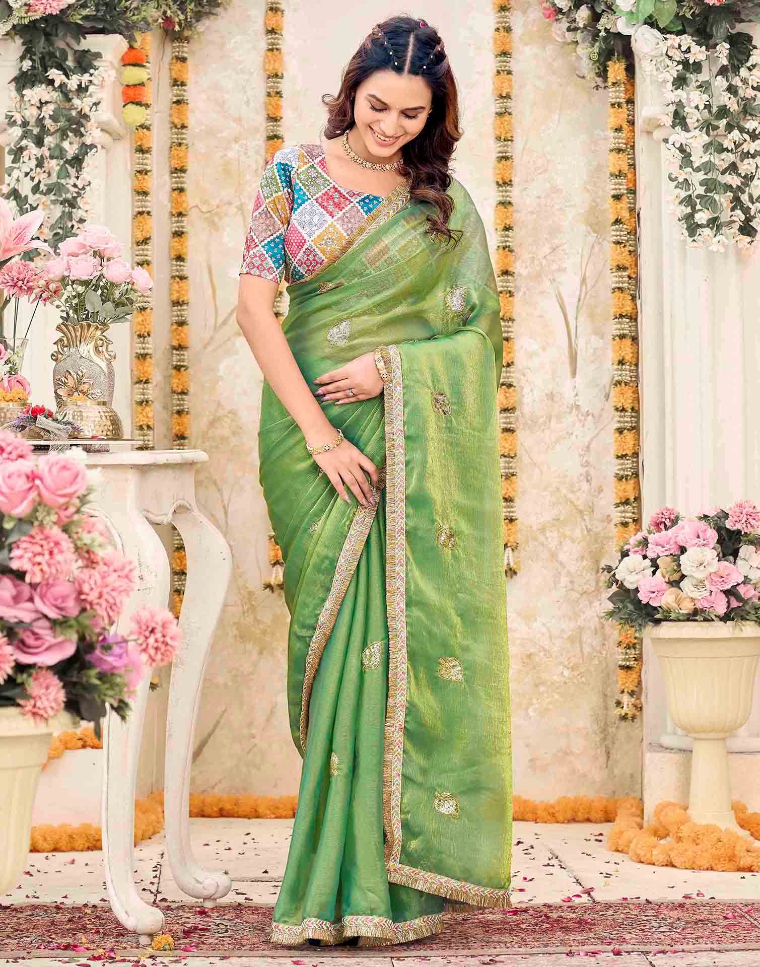 Parrot Green Shimmer Sequence Embroidery Saree