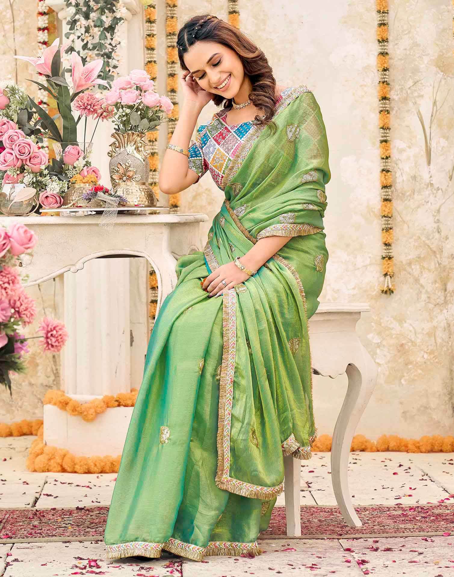 Parrot Green Shimmer Sequence Embroidery Saree