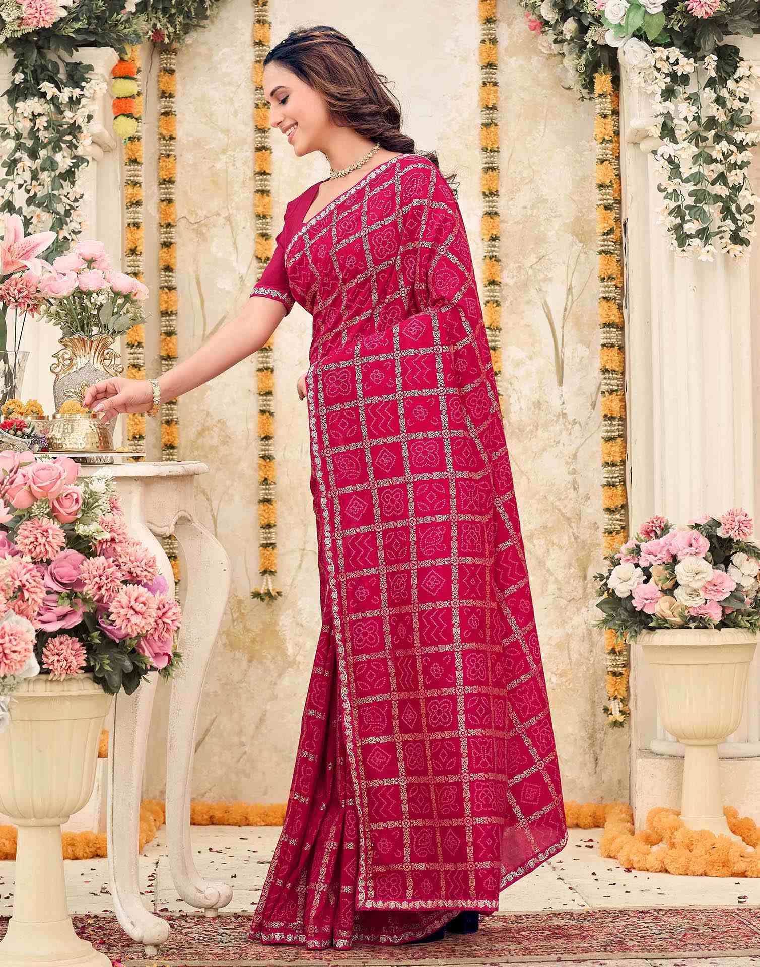 Pink Vichitra Silk Bandhani Printed Saree