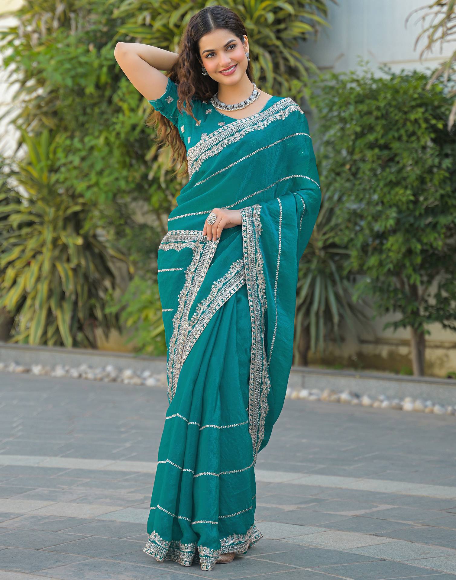 Teal Green Shimmer Sequence Embroidery Saree