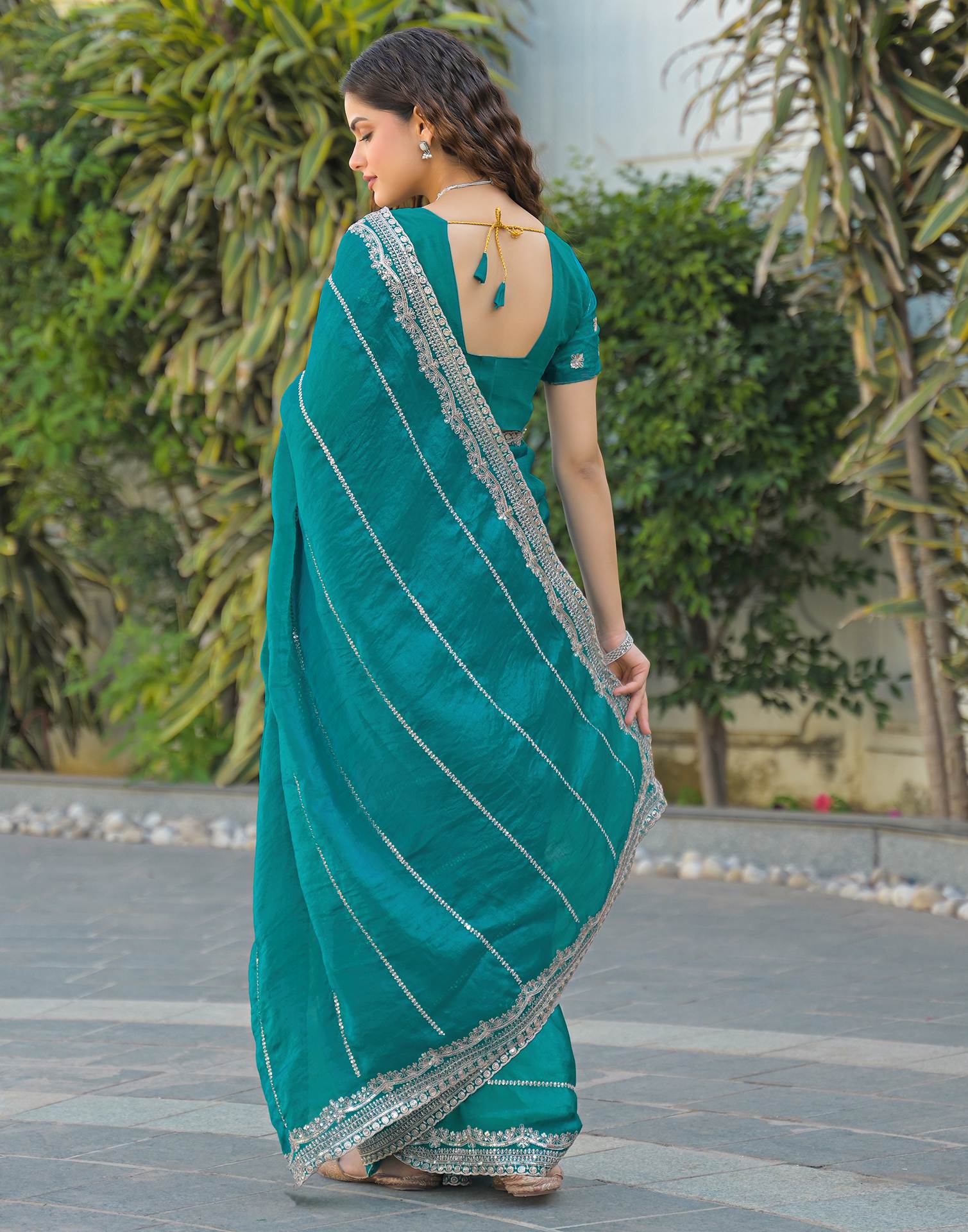 Teal Green Shimmer Sequence Embroidery Saree