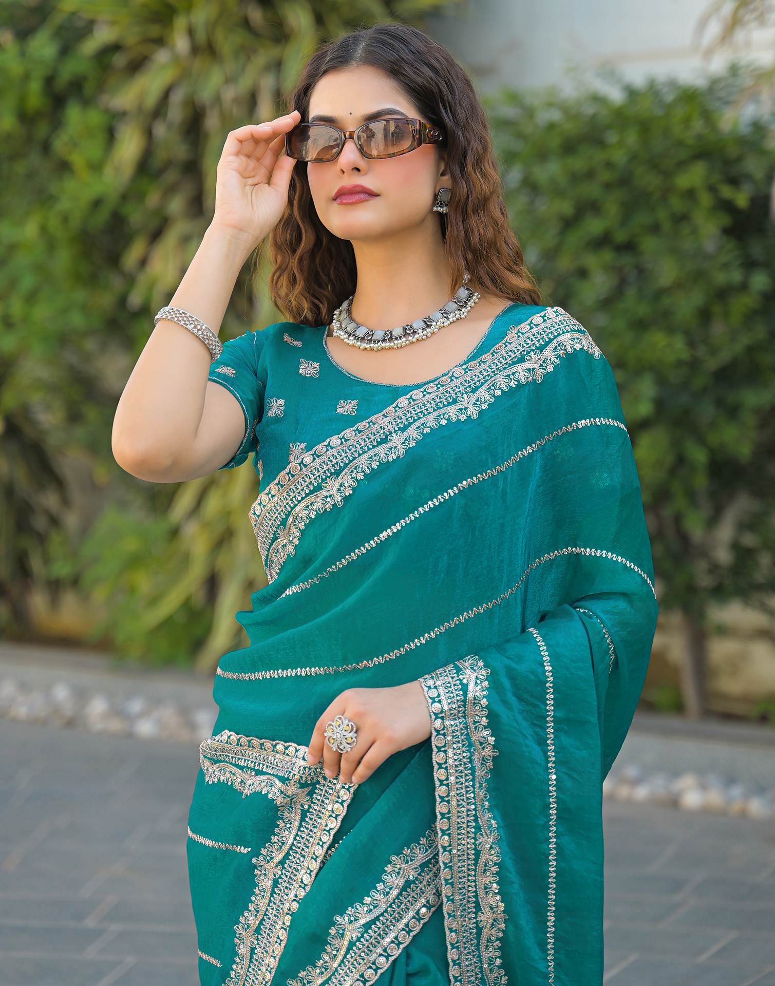 Teal Green Shimmer Sequence Embroidery Saree