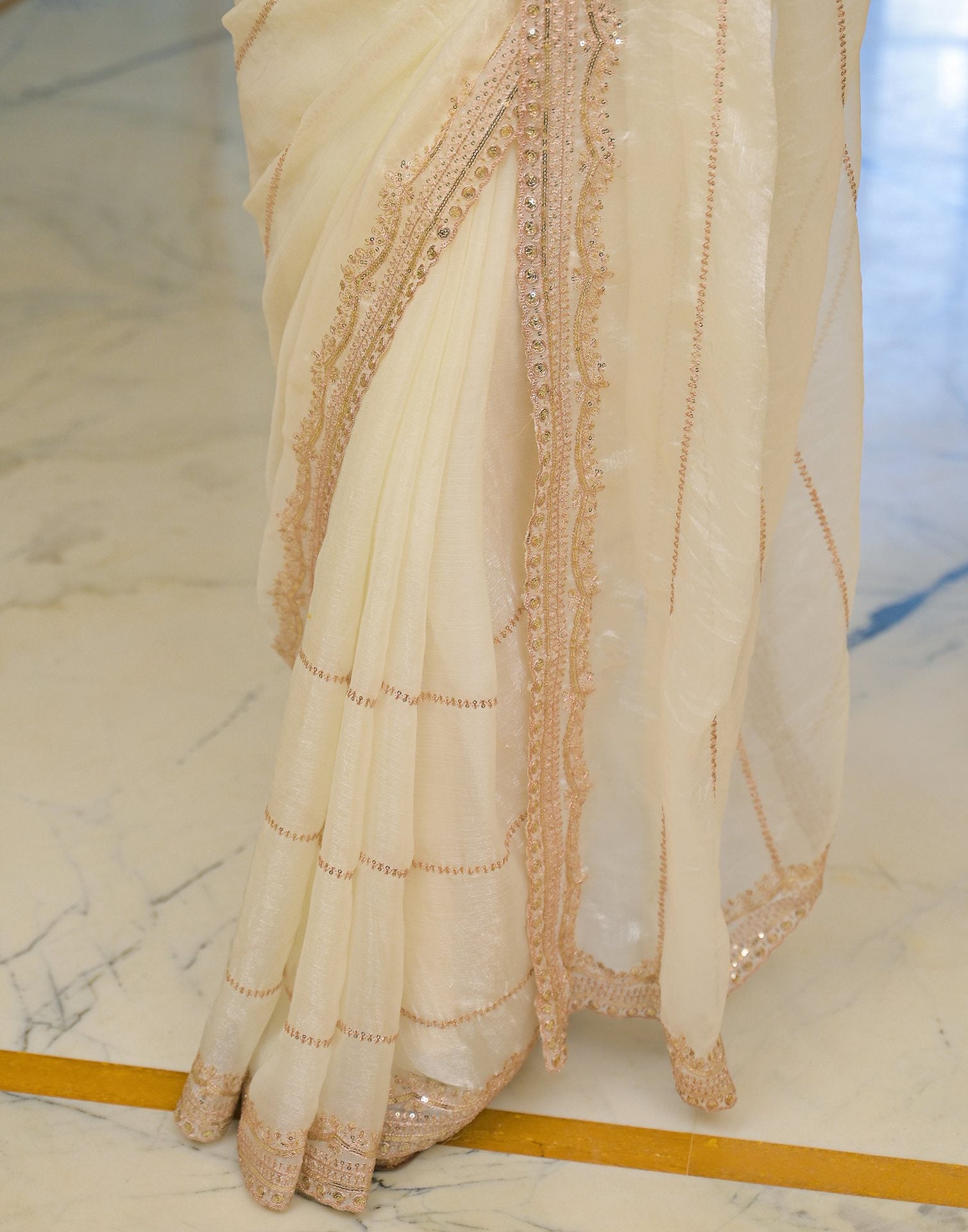 Off White Shimmer Sequence Embroidery Saree