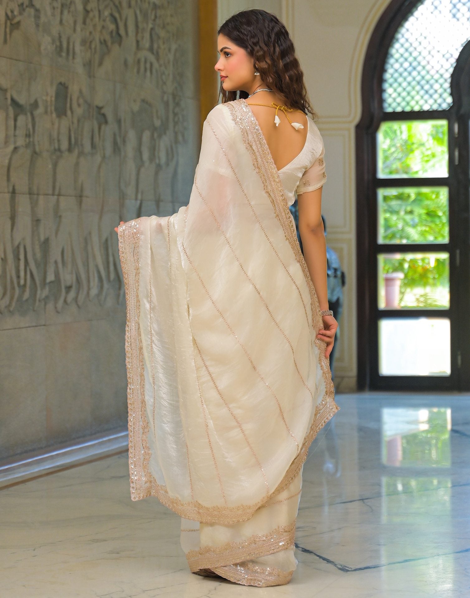 Off White Shimmer Sequence Embroidery Saree