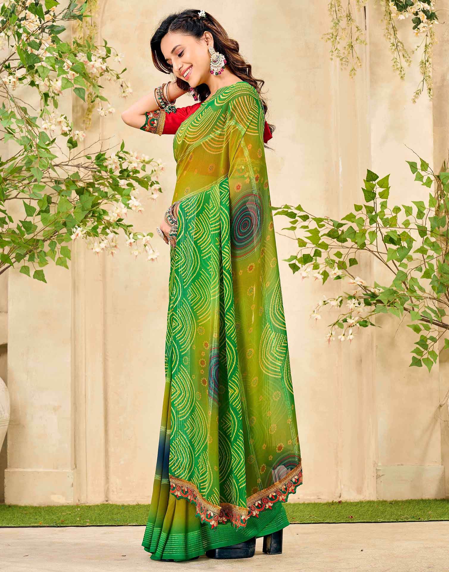 Lime Green Georgette Bandhani Printed Saree