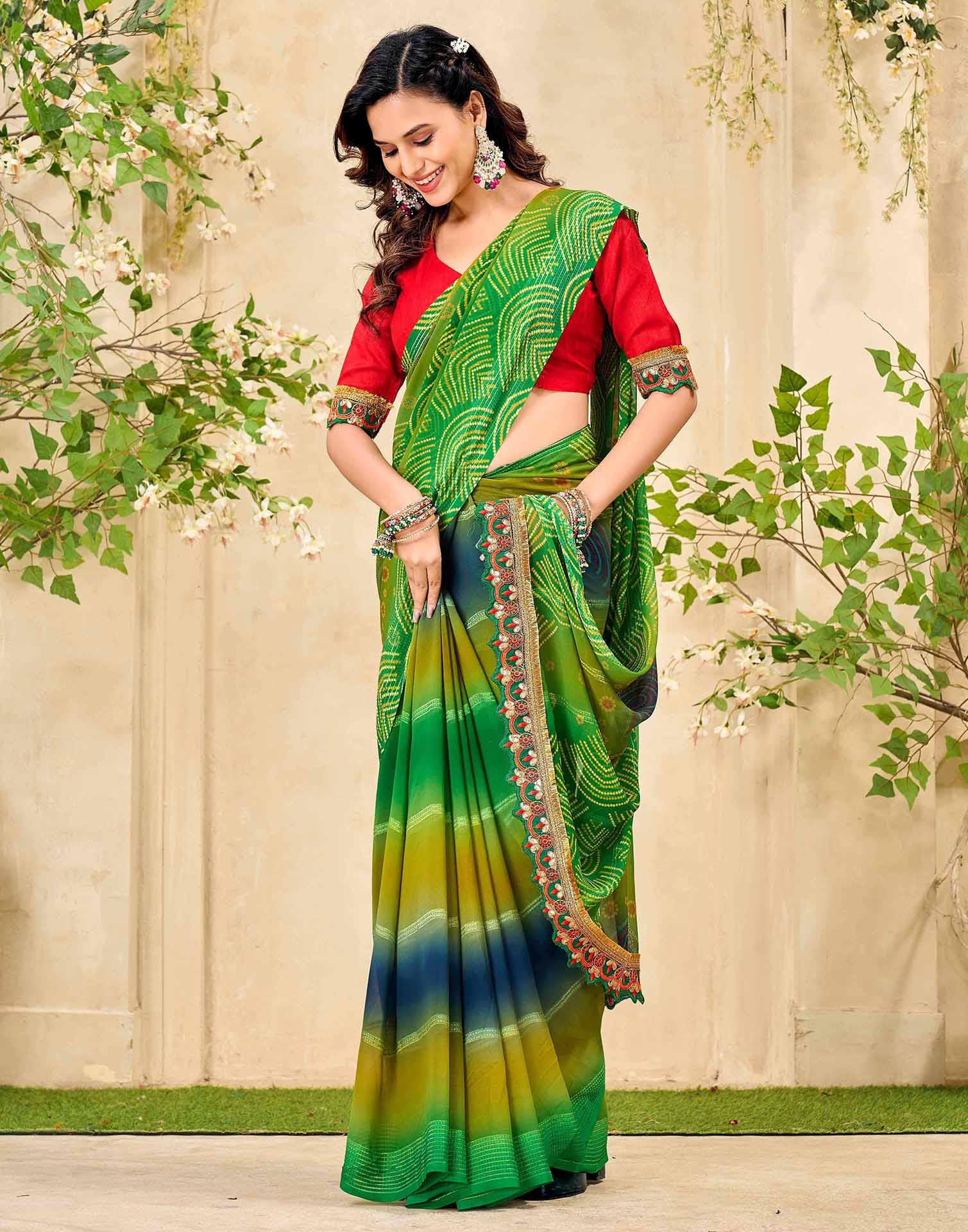 Lime Green Georgette Bandhani Printed Saree