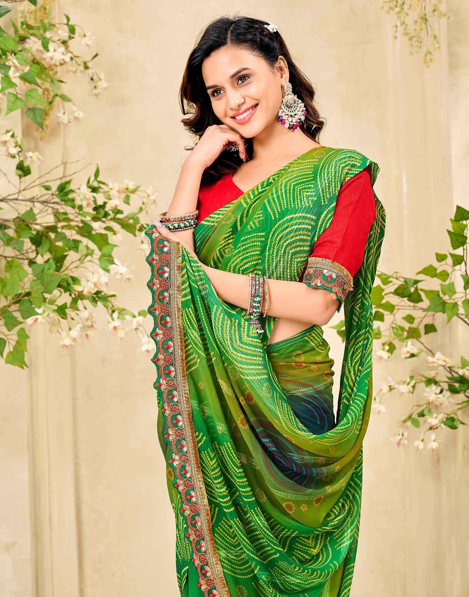 Lime Green Georgette Bandhani Printed Saree