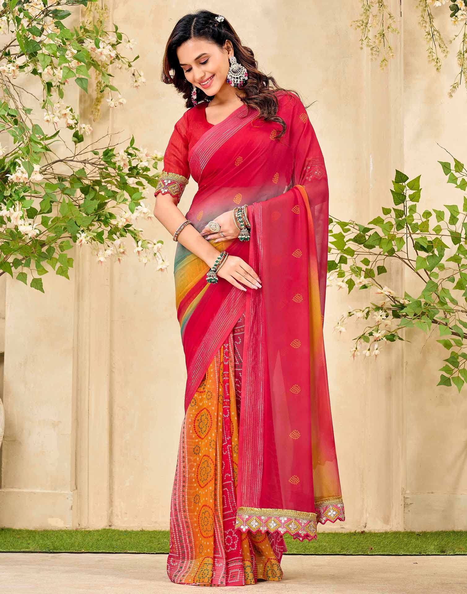 Pink Georgette Bandhani Printed Saree