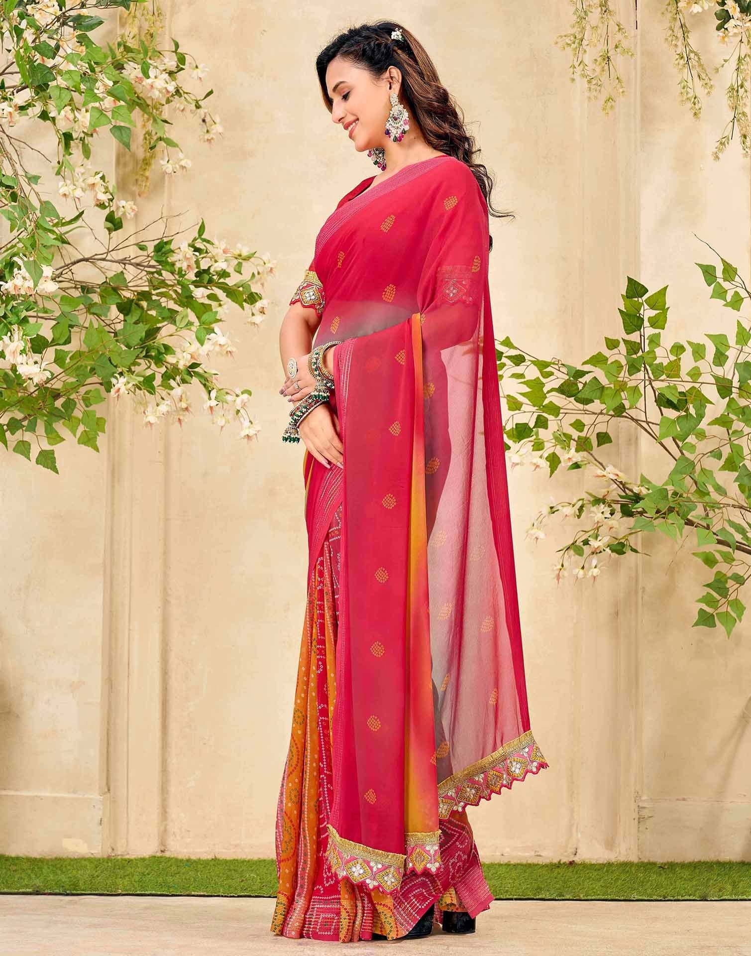 Pink Georgette Bandhani Printed Saree