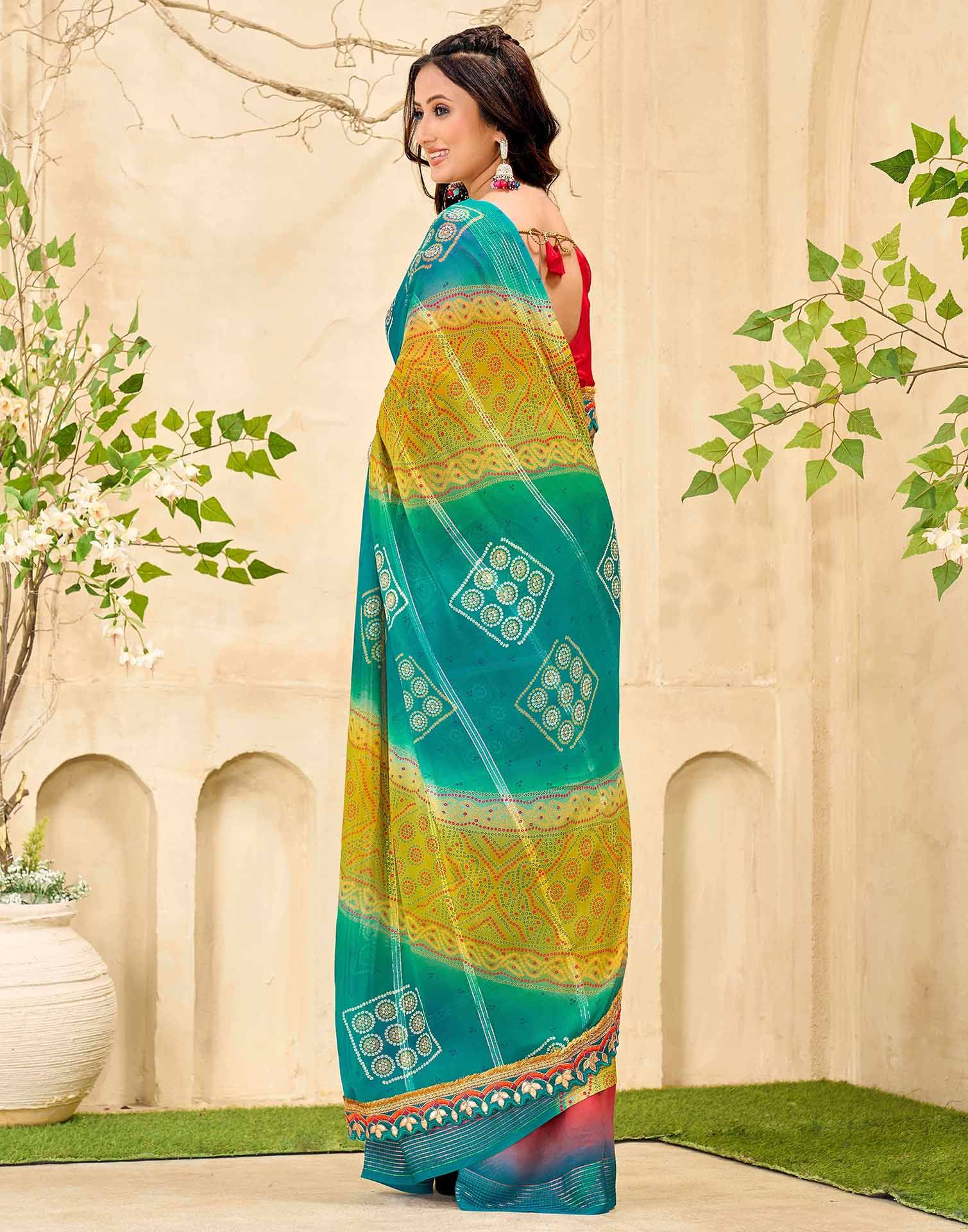 Teal Blue Georgette Bandhani Printed Saree