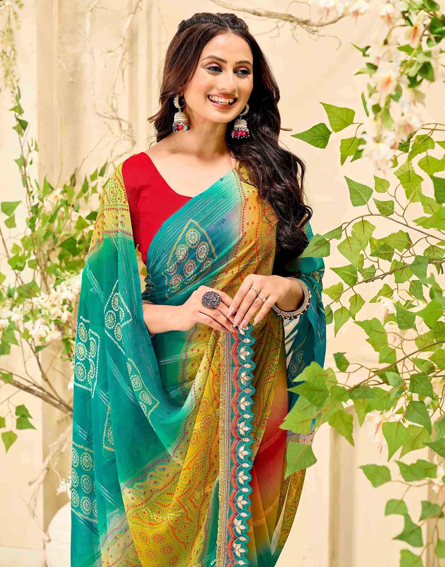 Teal Blue Georgette Bandhani Printed Saree