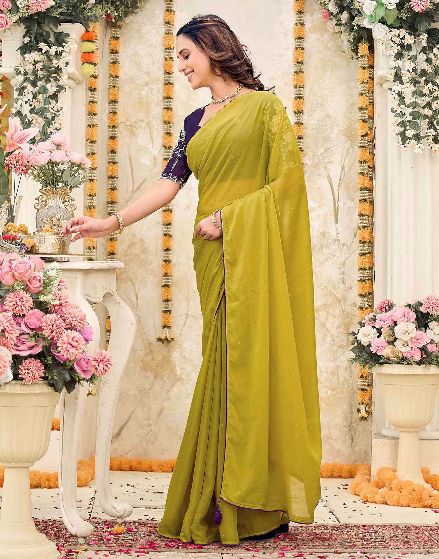 Lime Yellow Georgette Stone Work Swarovski Saree