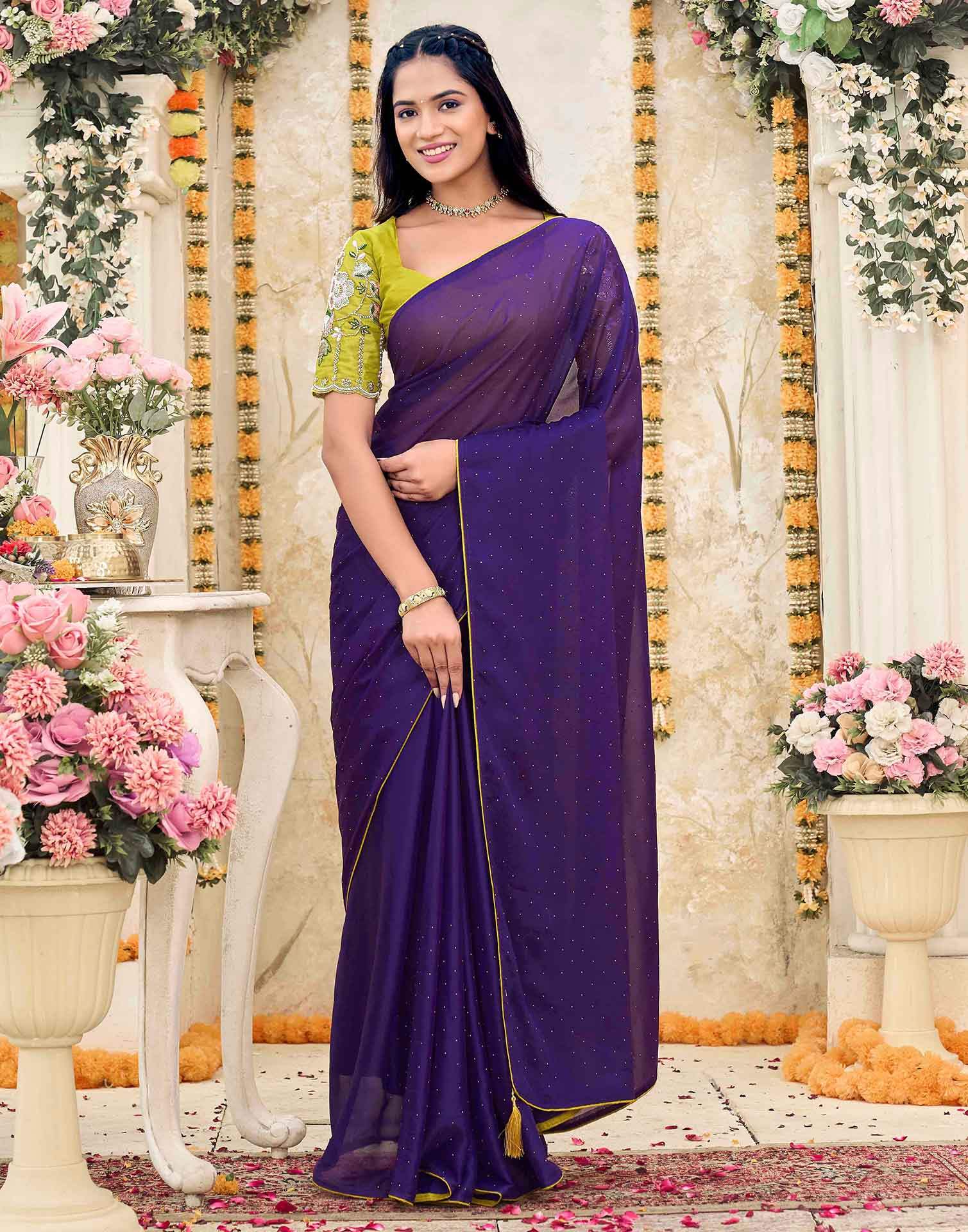 Violet Georgette Stone Work Swarovski Saree