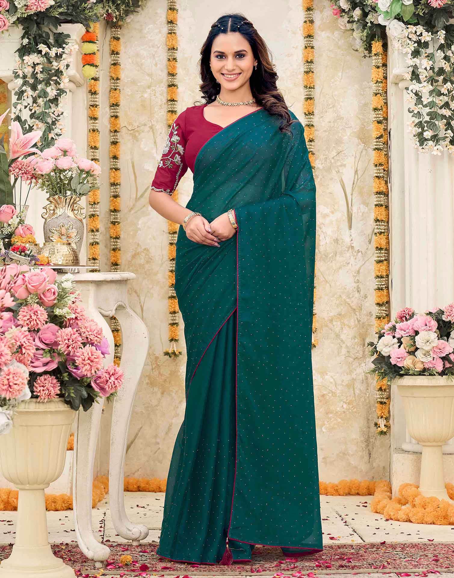 Dark Teal Green Georgette Stone Work Swarovski Saree