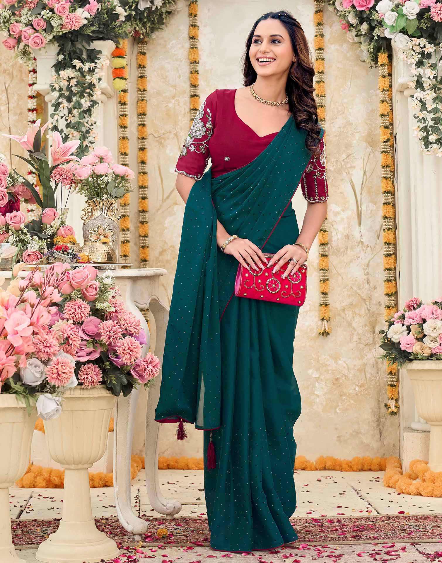 Dark Teal Green Georgette Stone Work Swarovski Saree