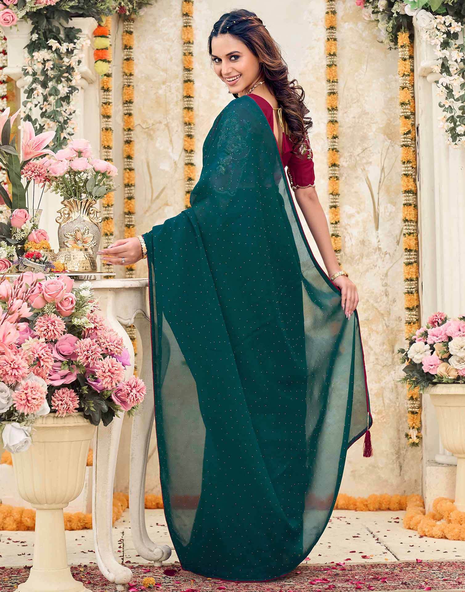Dark Teal Green Georgette Stone Work Swarovski Saree