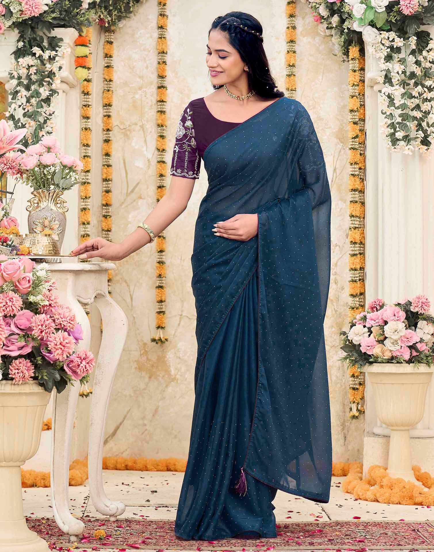 Dusty Navy Blue Georgette Stone Work Swarovski Saree