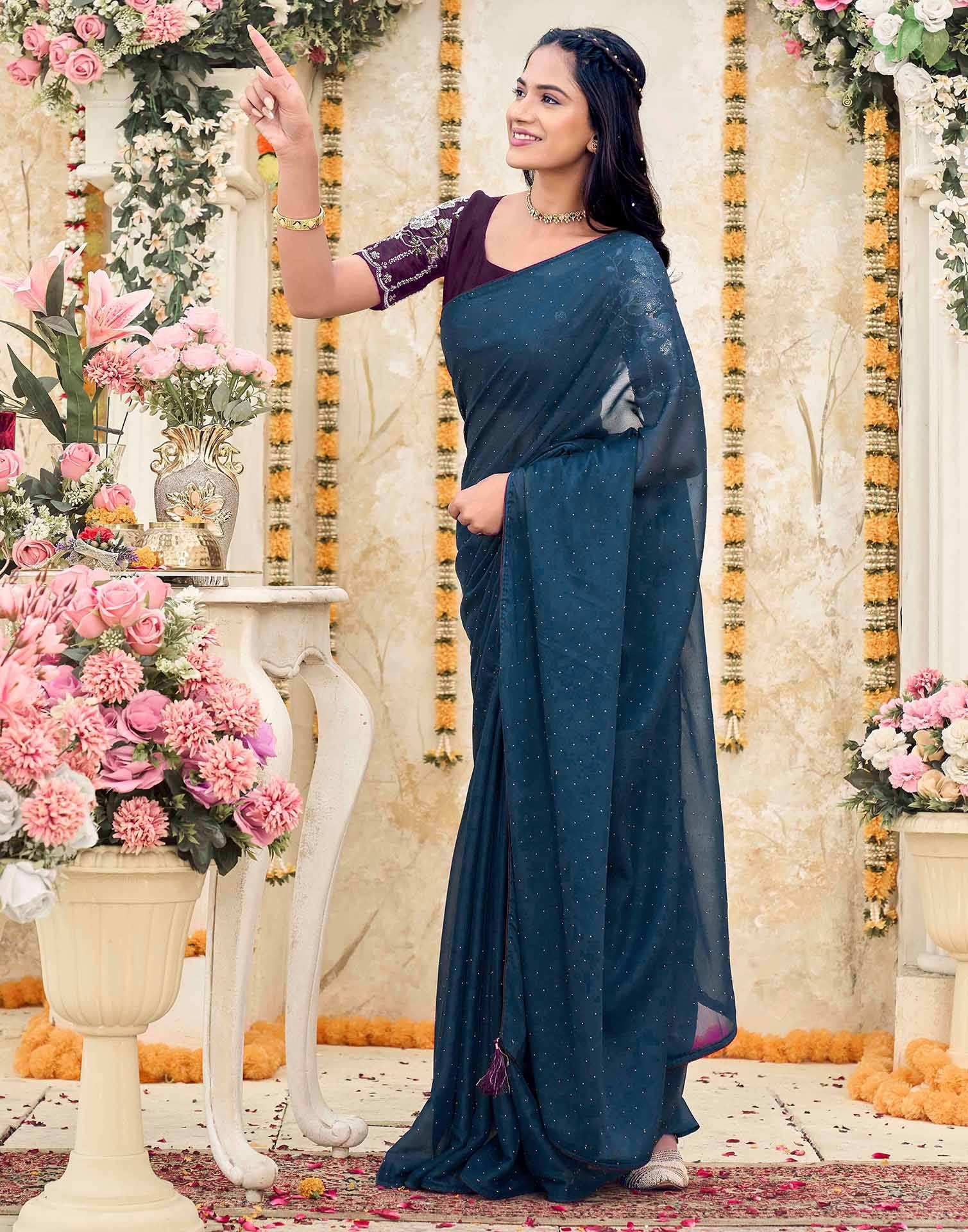 Dusty Navy Blue Georgette Stone Work Swarovski Saree